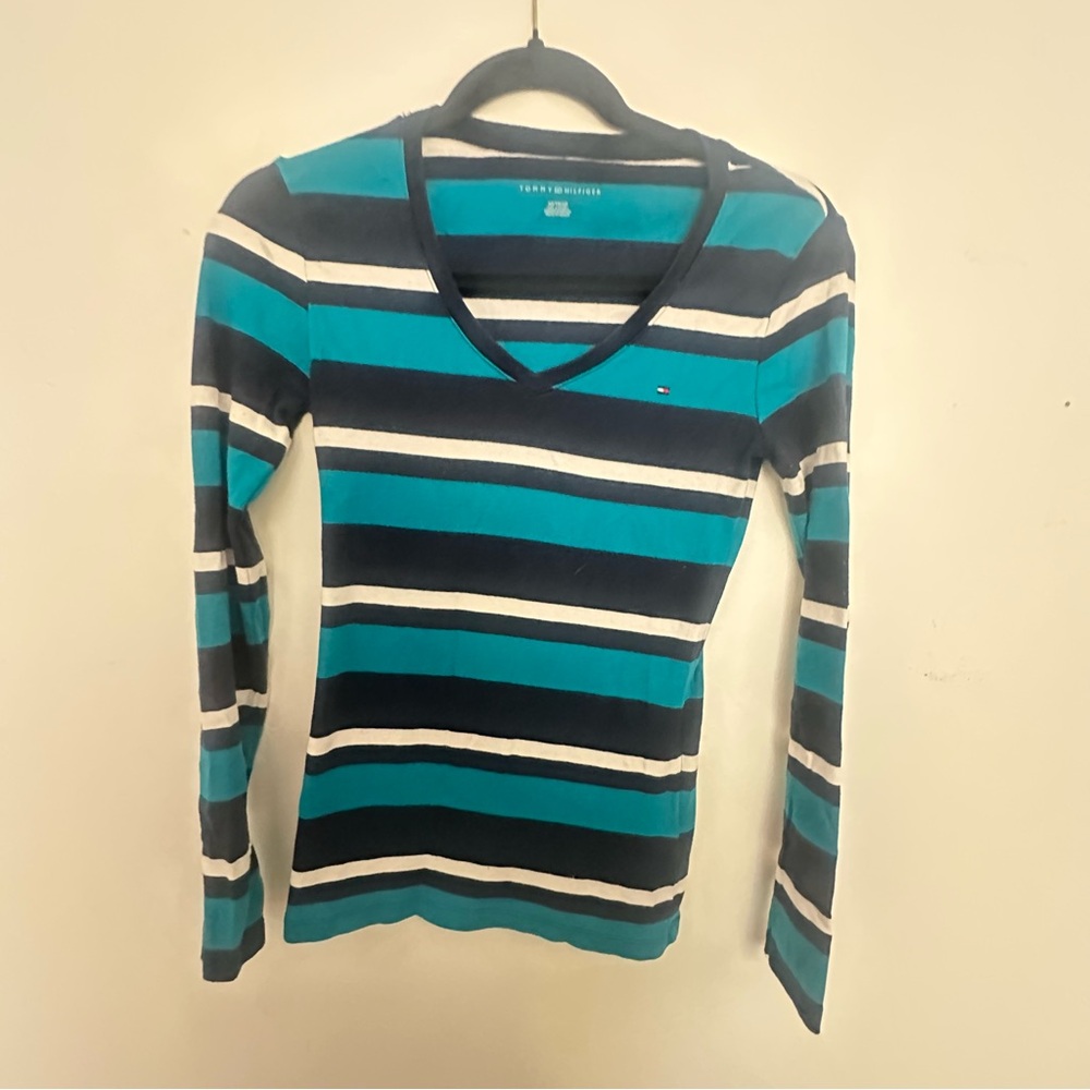 Tommy Hilfiger Women's Long Sleeve Striped Top - Blue, White, and Teal